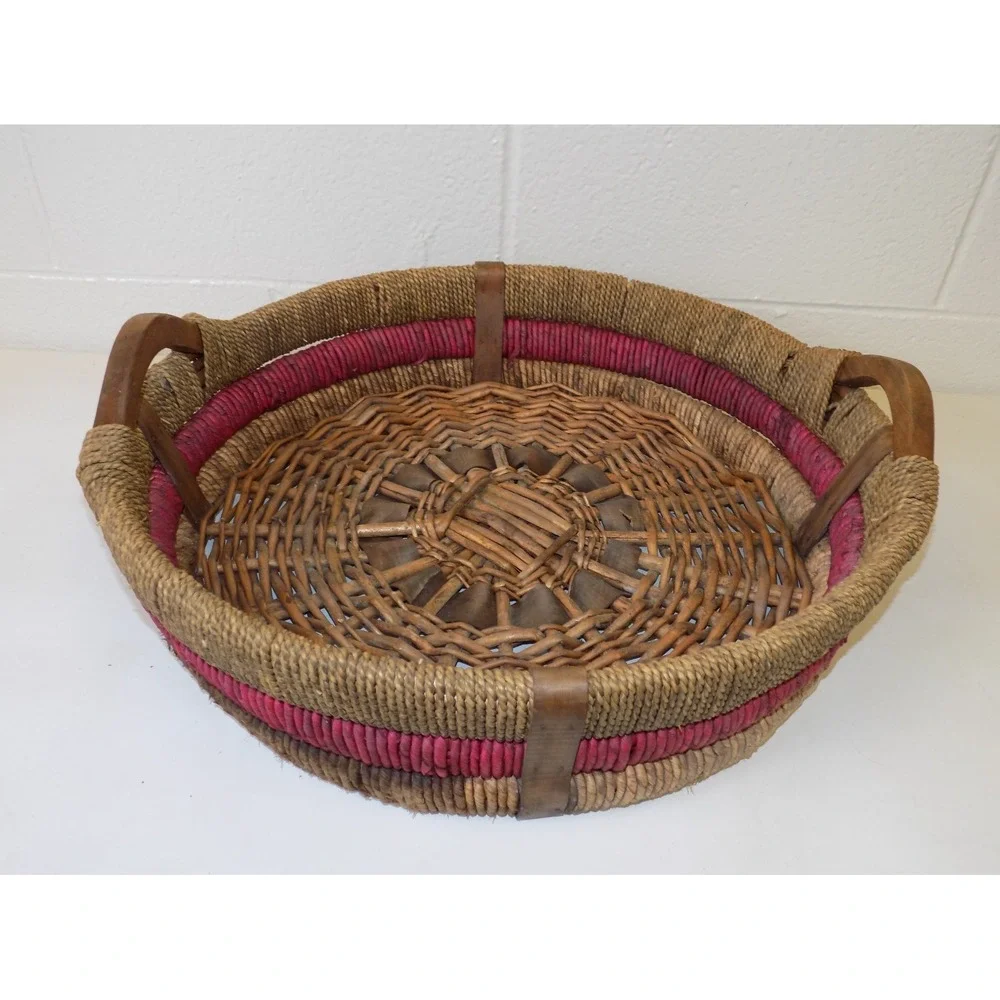 Large Vintage Woven Basket Tray w/ Wood Handles Red Accent Round Boho 20
